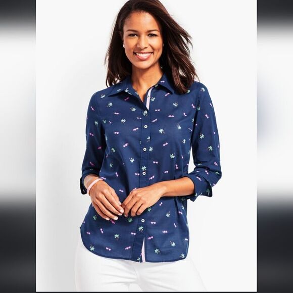 TALBOTS TREASURE ISLAND PRINT LONG SLEEVE BUTTON DOWN SHIRT NAVY BLUE SIZE 2X - Picture 1 of 10